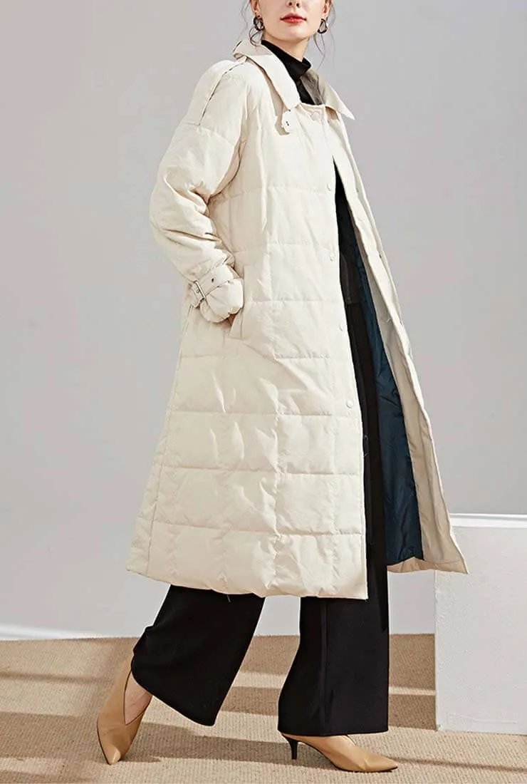 Loose Long White Duck Down Coat With Belt