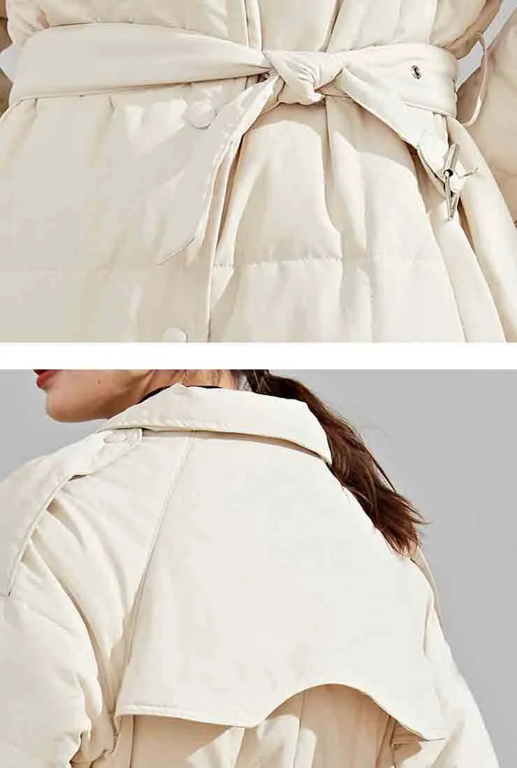 Loose Long White Duck Down Coat With Belt