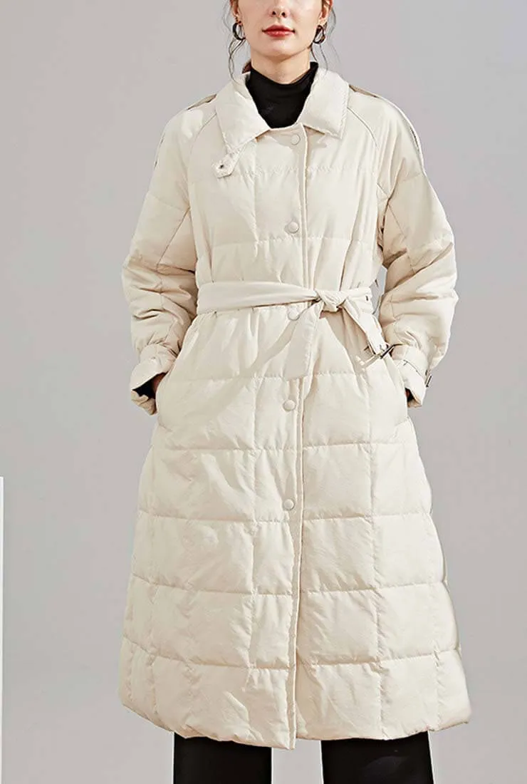 Loose Long White Duck Down Coat With Belt