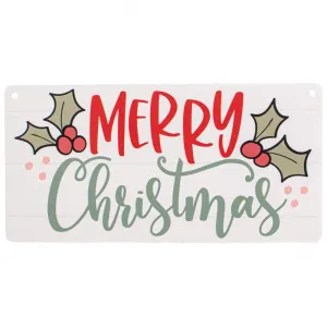 Merry Christmas Holly Mistletoe Sign - 11.5" x 5.5", Red, Green & White