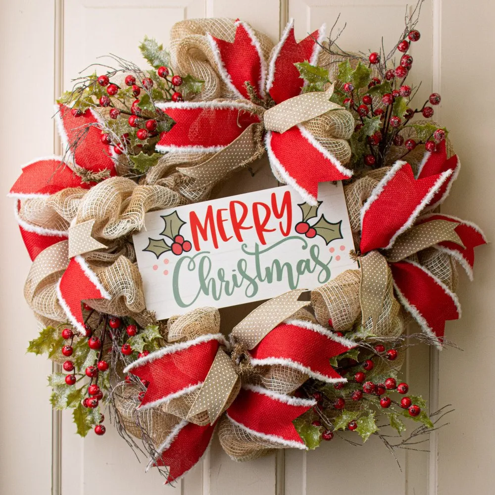 Merry Christmas Holly Mistletoe Sign - 11.5" x 5.5", Red, Green & White