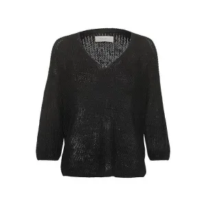 Part Two - EtronaPW Long Sleeve V Neck Linen Jumper in Black
