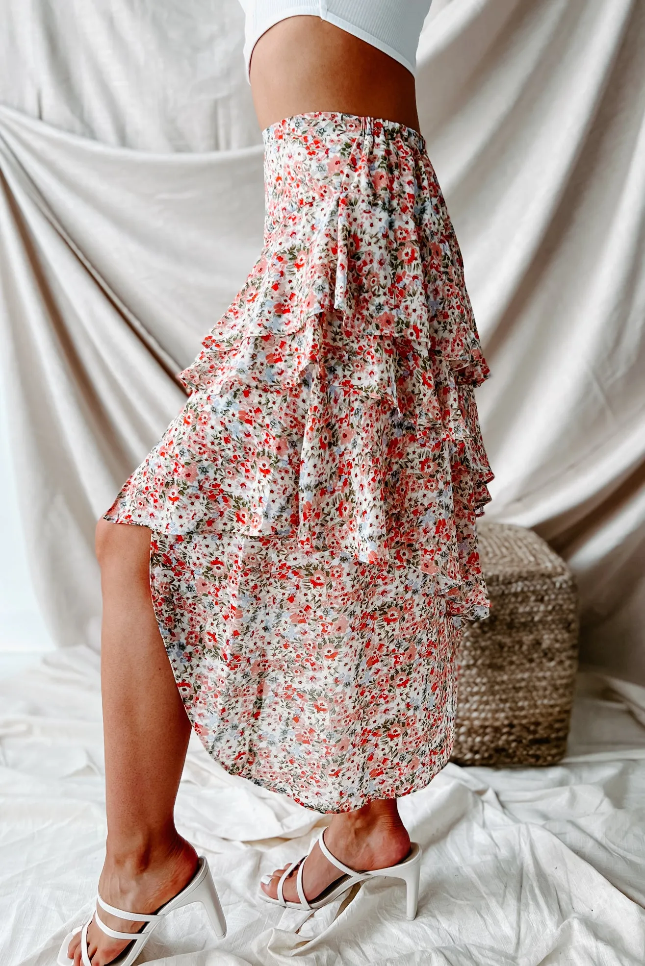 Patience & Persistance Ruffled Floral Midi Skirt (Red/Green)