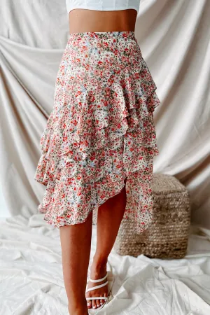Patience & Persistance Ruffled Floral Midi Skirt (Red/Green)