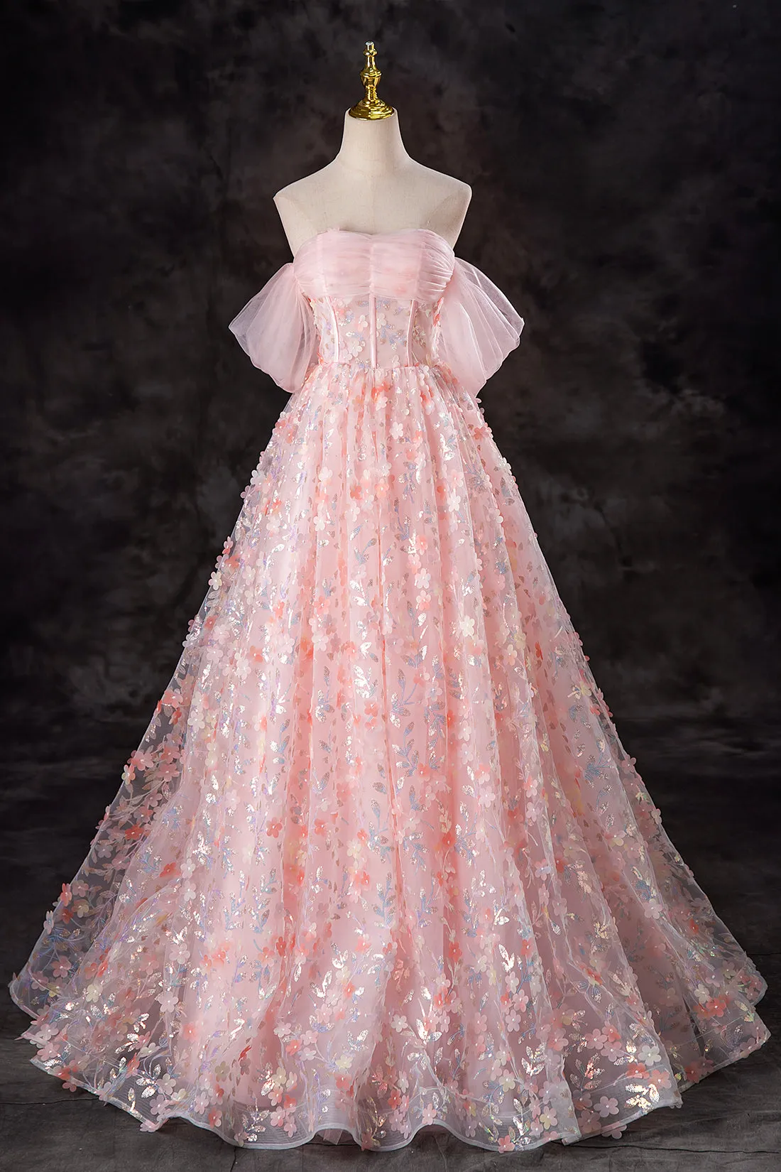 Pink Tulle Flowers Long Formal Dress, A-Line Off the Shoulder Evening Party Dress
