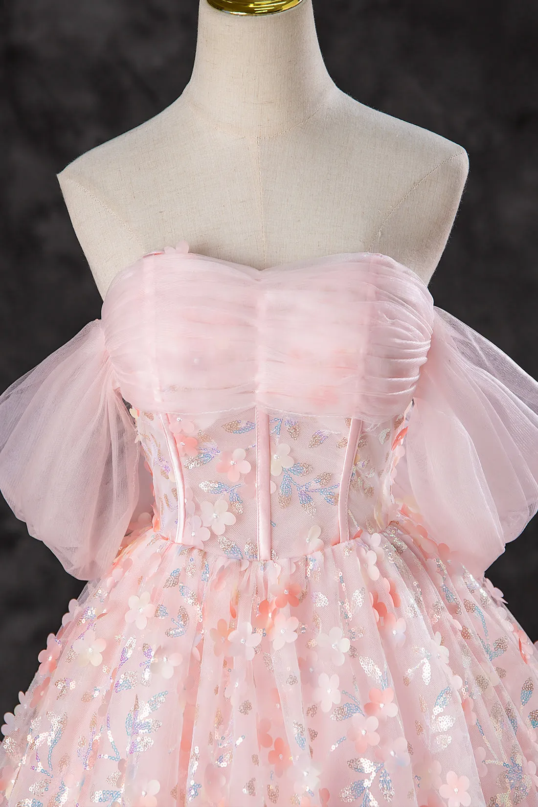 Pink Tulle Flowers Long Formal Dress, A-Line Off the Shoulder Evening Party Dress