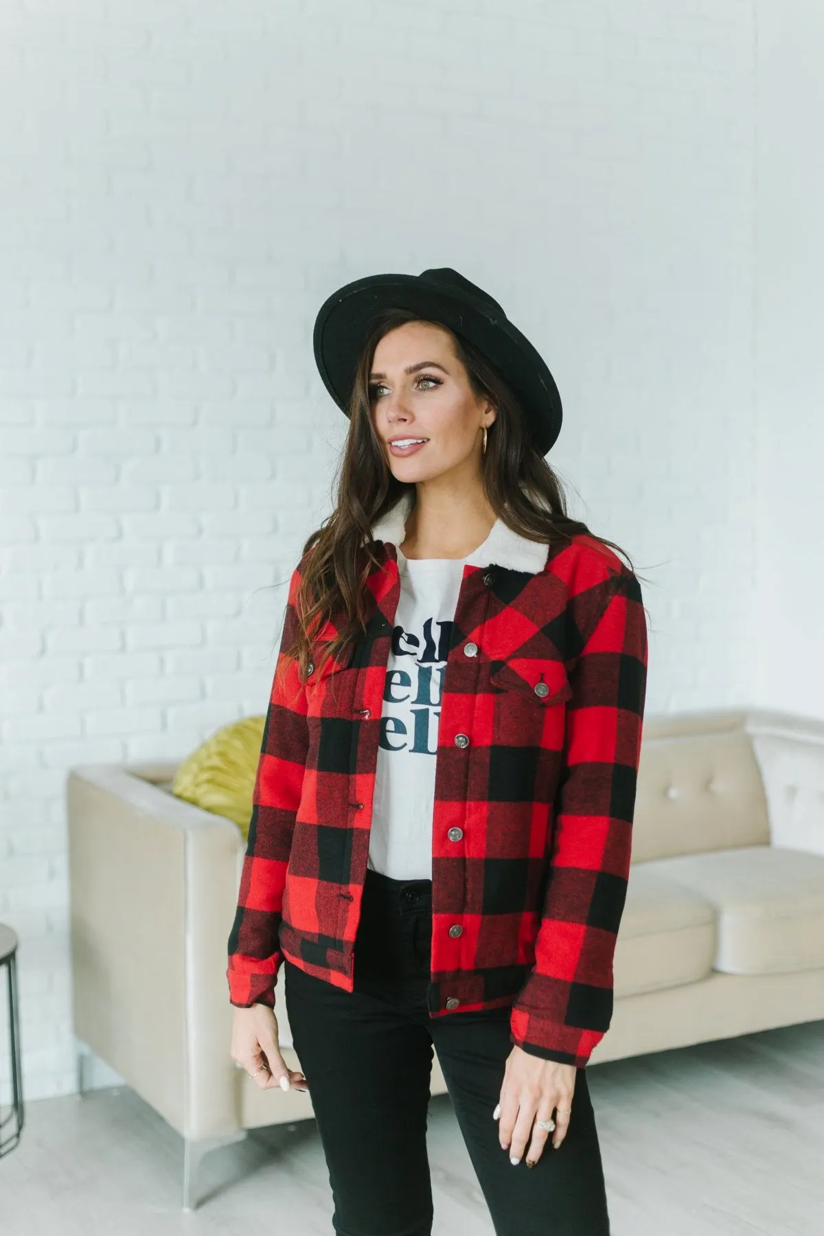Plaid Sherpa Trim Coat