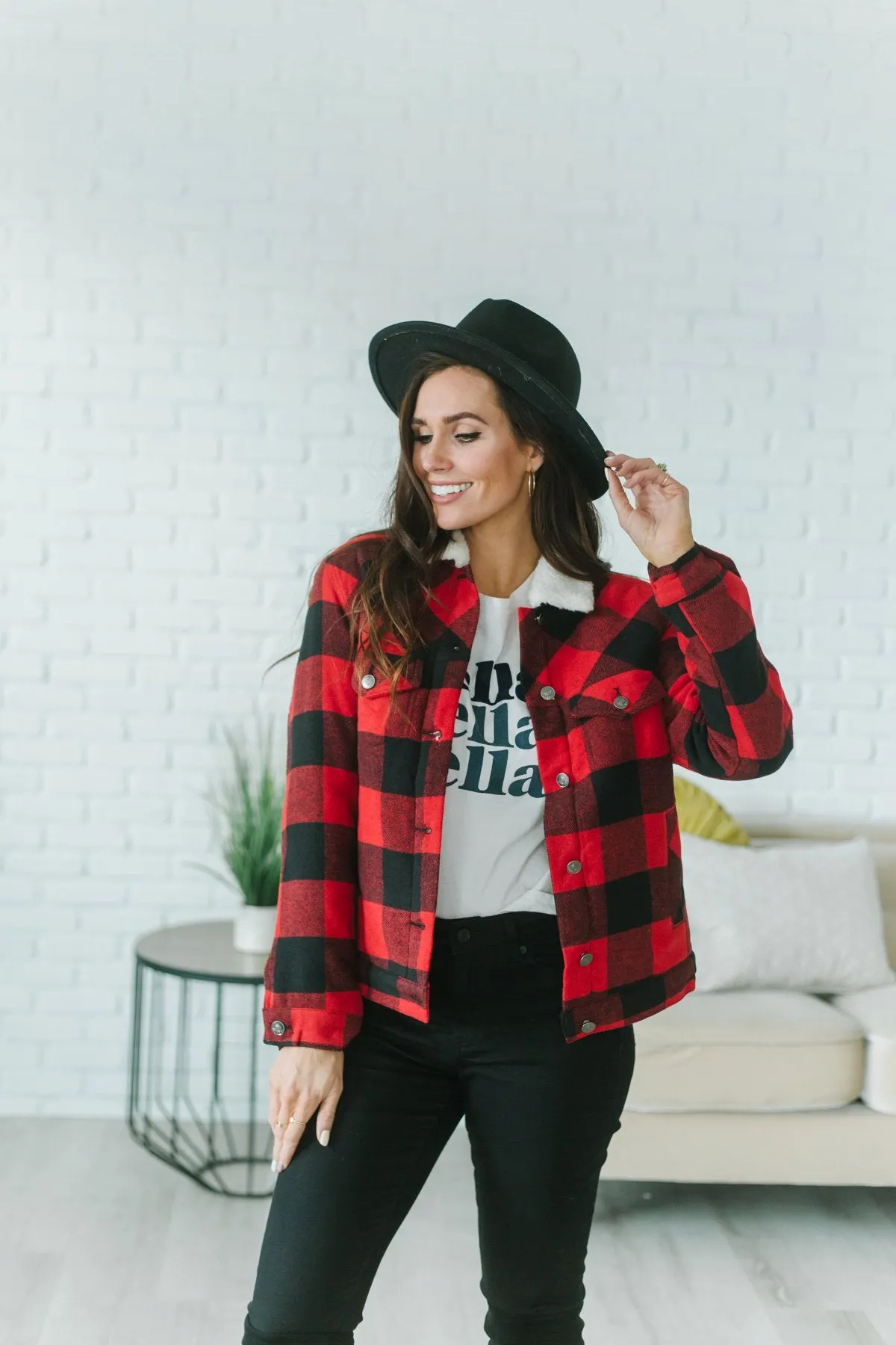Plaid Sherpa Trim Coat
