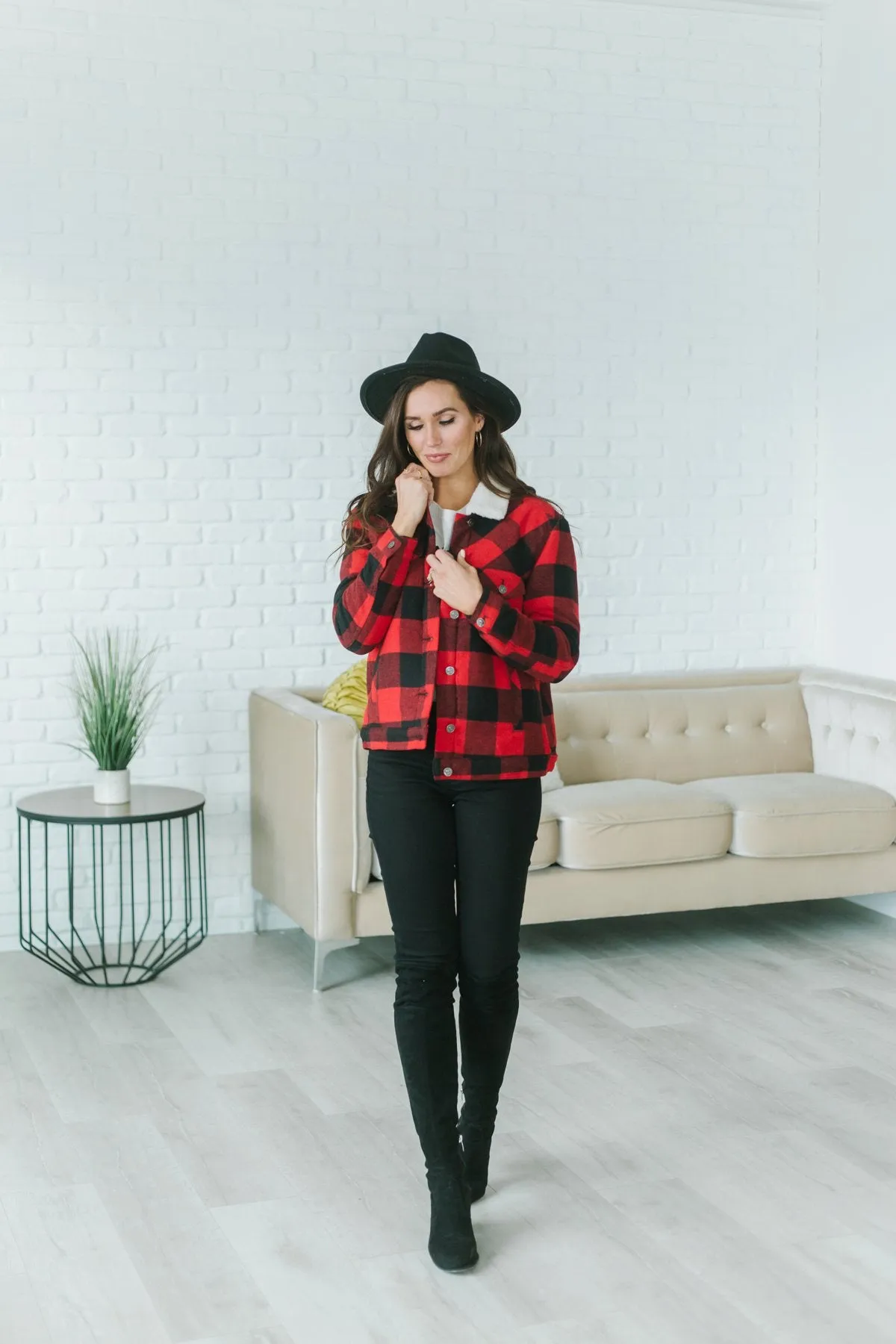 Plaid Sherpa Trim Coat