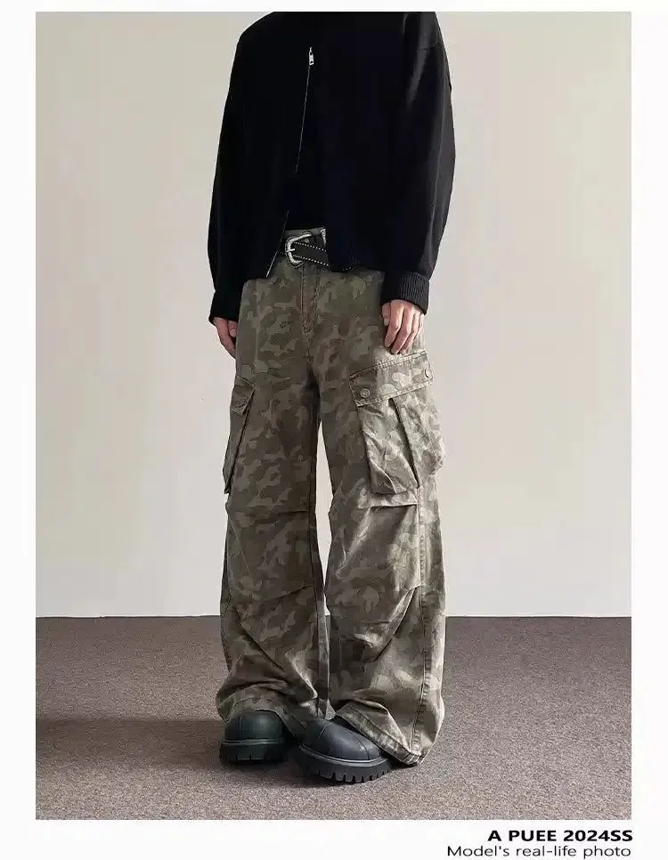Pleated Flared Camo Cargo Pants