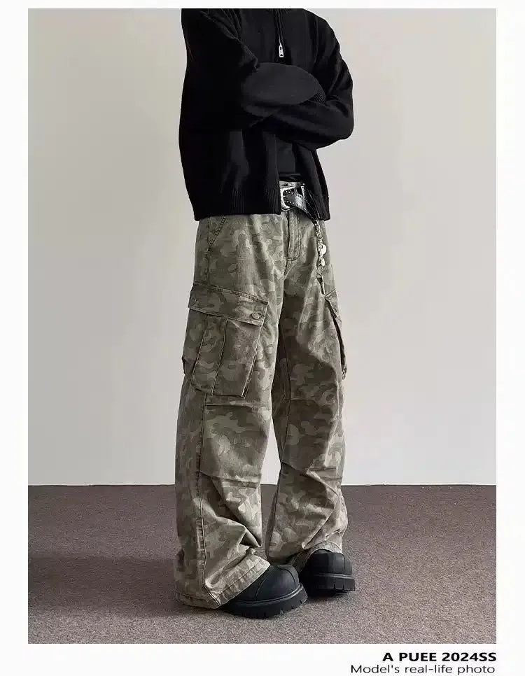 Pleated Flared Camo Cargo Pants