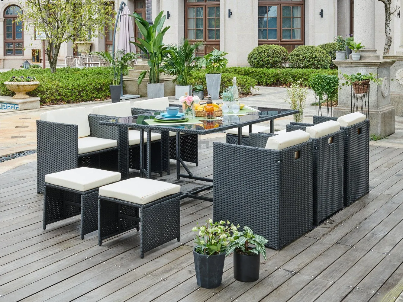 Rattan Garden Furniture Outdoor 11 Piece Cube Set Conservatory Patio Dining, Black