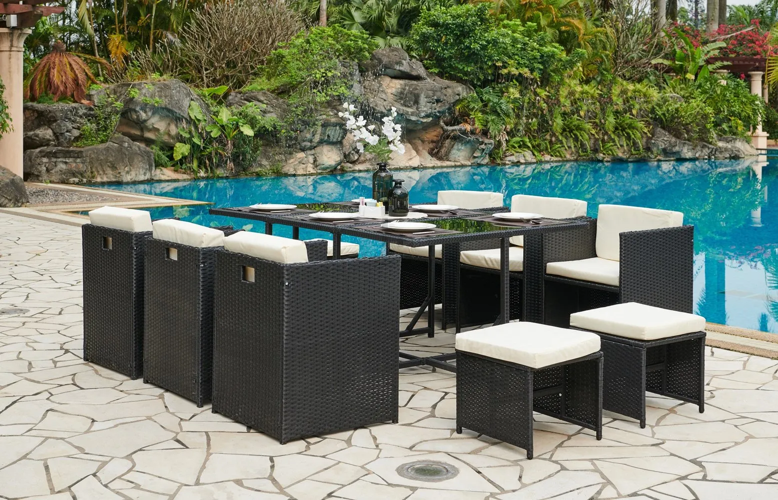 Rattan Garden Furniture Outdoor 11 Piece Cube Set Conservatory Patio Dining, Black