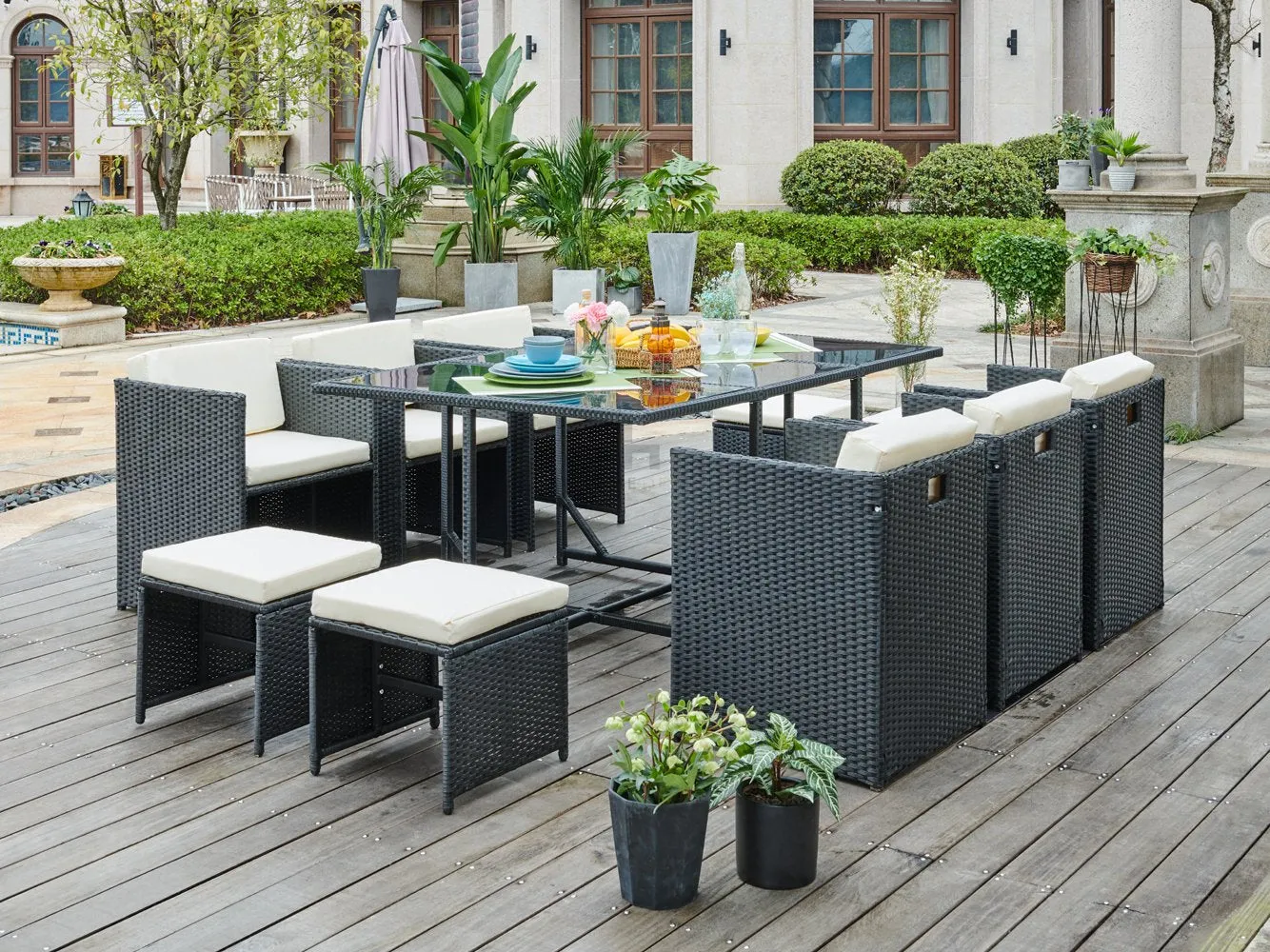 Rattan Garden Furniture Outdoor 11 Piece Cube Set Conservatory Patio Dining, Black