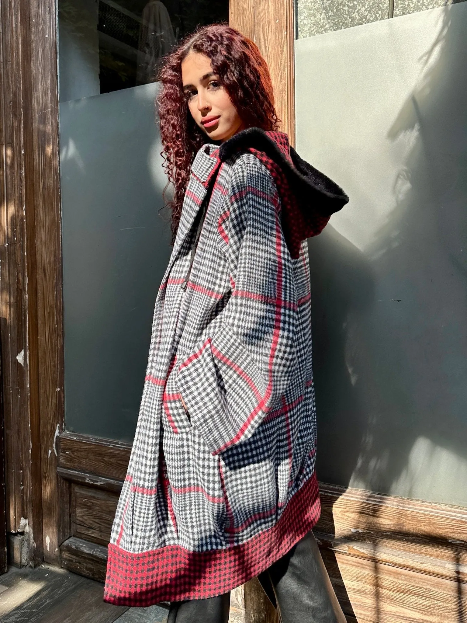 RedXGrey Plaid Fur Trim Coat