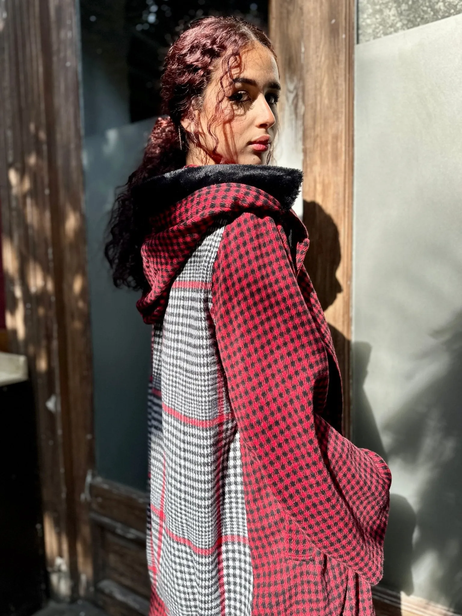 RedXGrey Plaid Fur Trim Coat
