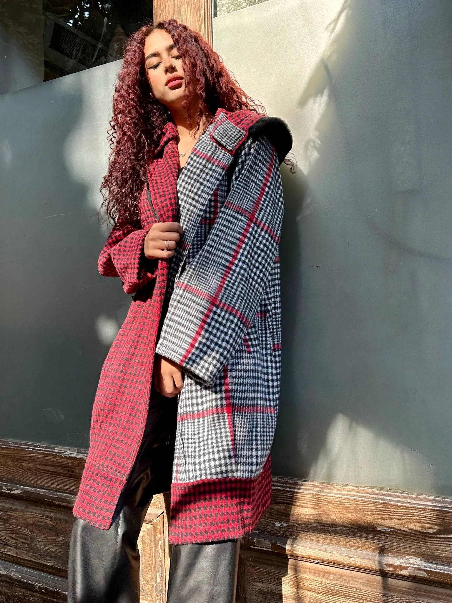RedXGrey Plaid Fur Trim Coat