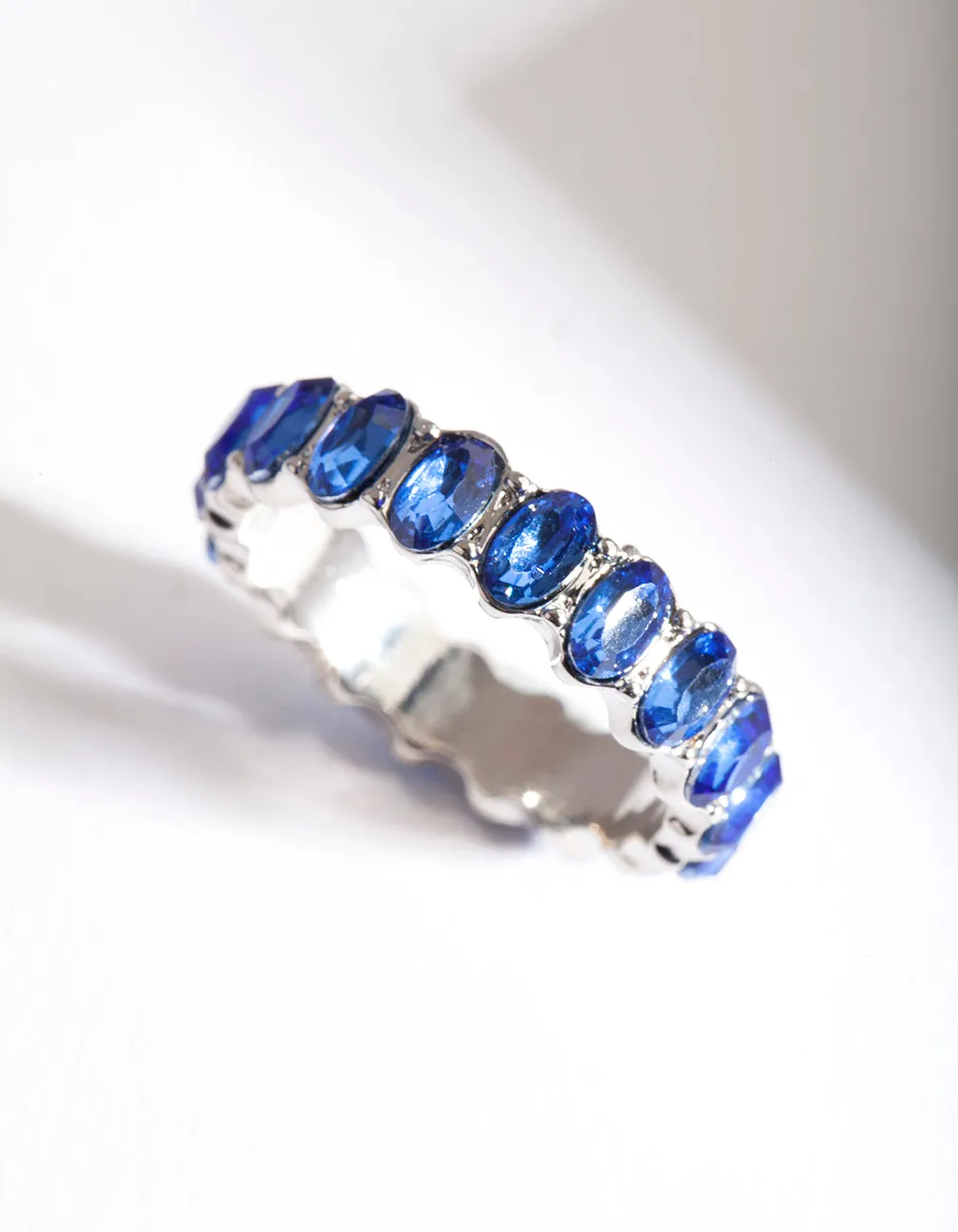 Rhodium Blue Oval Diamante Ring