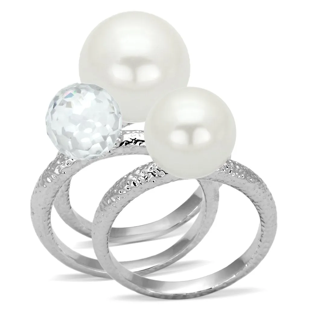 Rhodium Brass Ring with Synthetic Pearl in White for Women Style LOA834