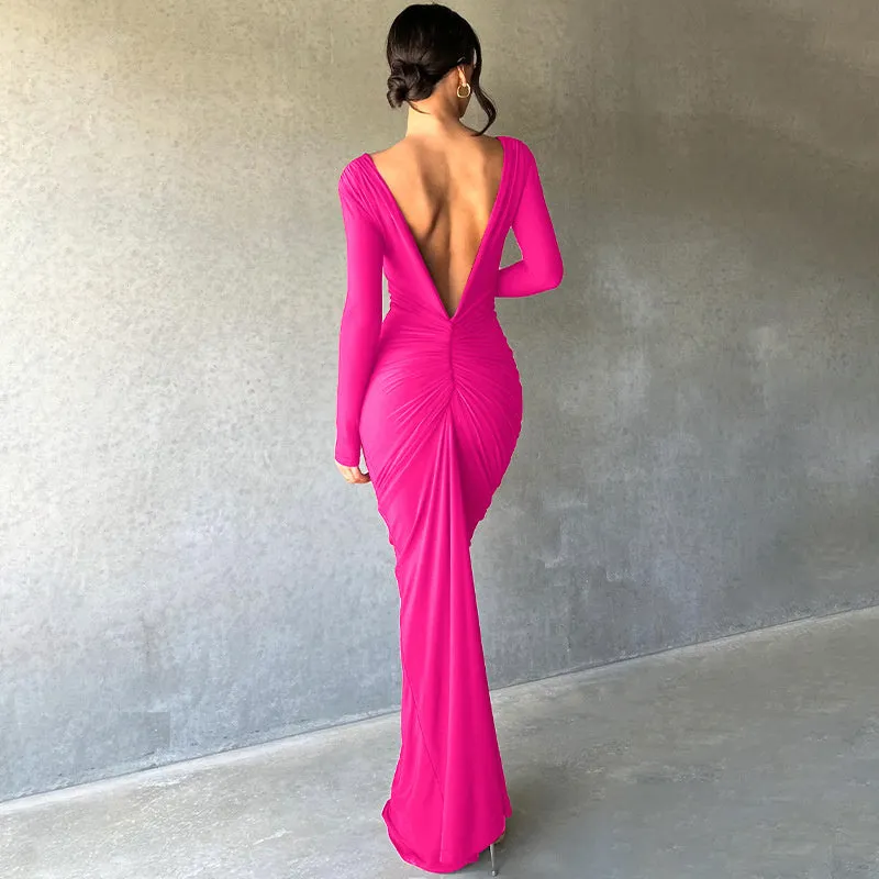 Ruby Deep V Neck Ruched Maxi Dress