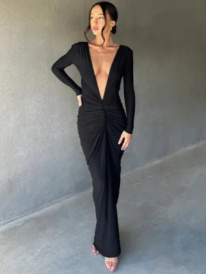 Ruby Deep V Neck Ruched Maxi Dress
