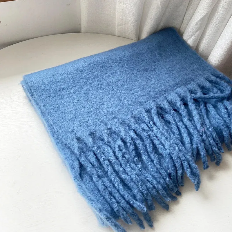 Soft Mohair Women Fashion Simple Thick Warm Braid Tassel Long Muffler Scarf