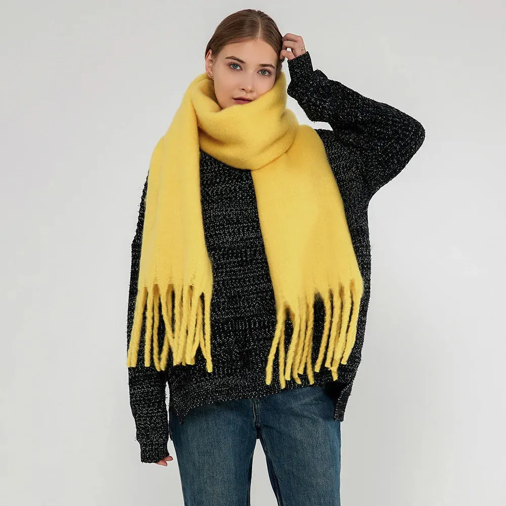 Soft Mohair Women Fashion Simple Thick Warm Braid Tassel Long Muffler Scarf