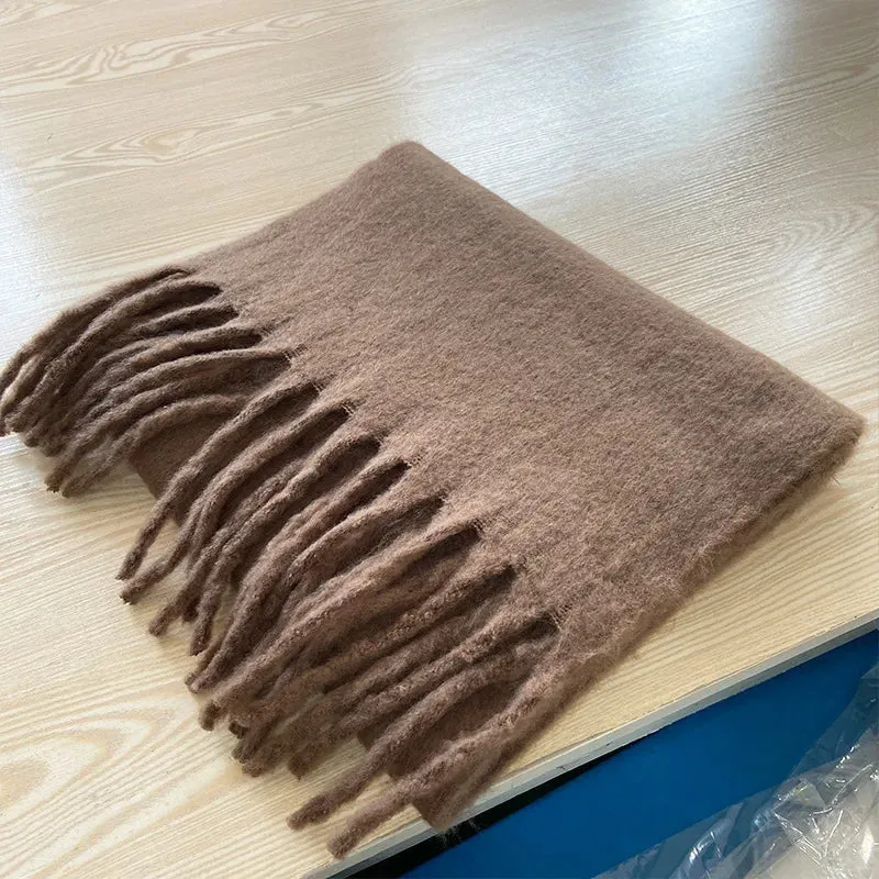 Soft Mohair Women Fashion Simple Thick Warm Braid Tassel Long Muffler Scarf