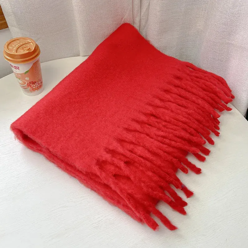 Soft Mohair Women Fashion Simple Thick Warm Braid Tassel Long Muffler Scarf
