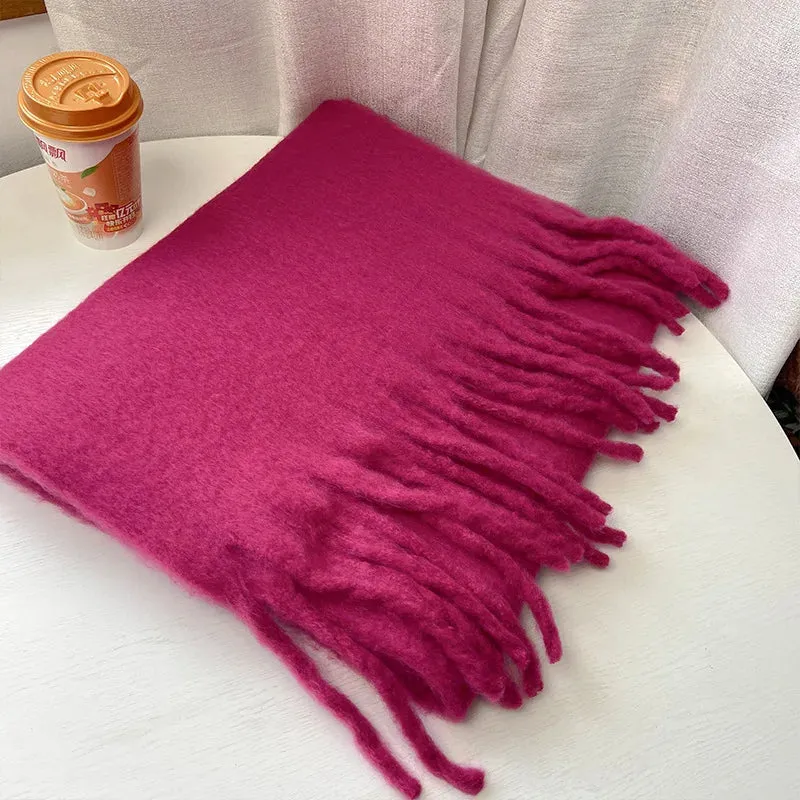 Soft Mohair Women Fashion Simple Thick Warm Braid Tassel Long Muffler Scarf