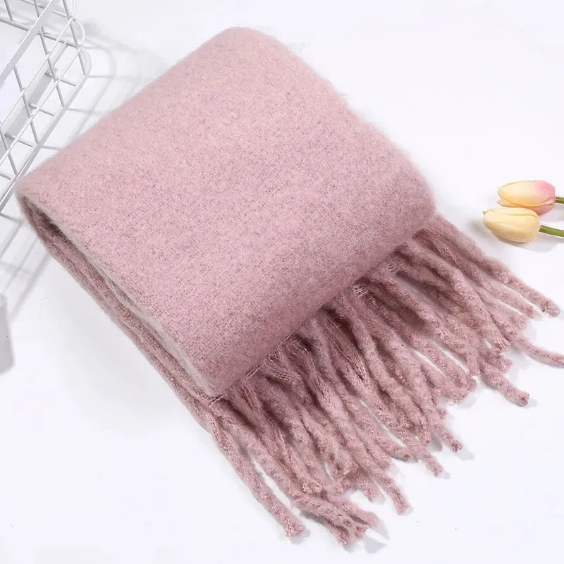 Soft Mohair Women Fashion Simple Thick Warm Braid Tassel Long Muffler Scarf