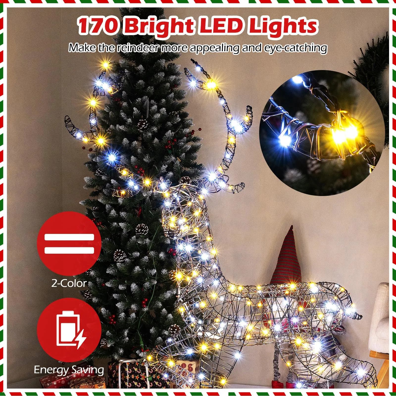 Tangkula 4.6 FT Christmas 3D Lighted Reindeer, Pre-Lit Rattan Buck with Large Antlers & 170 LED Lights