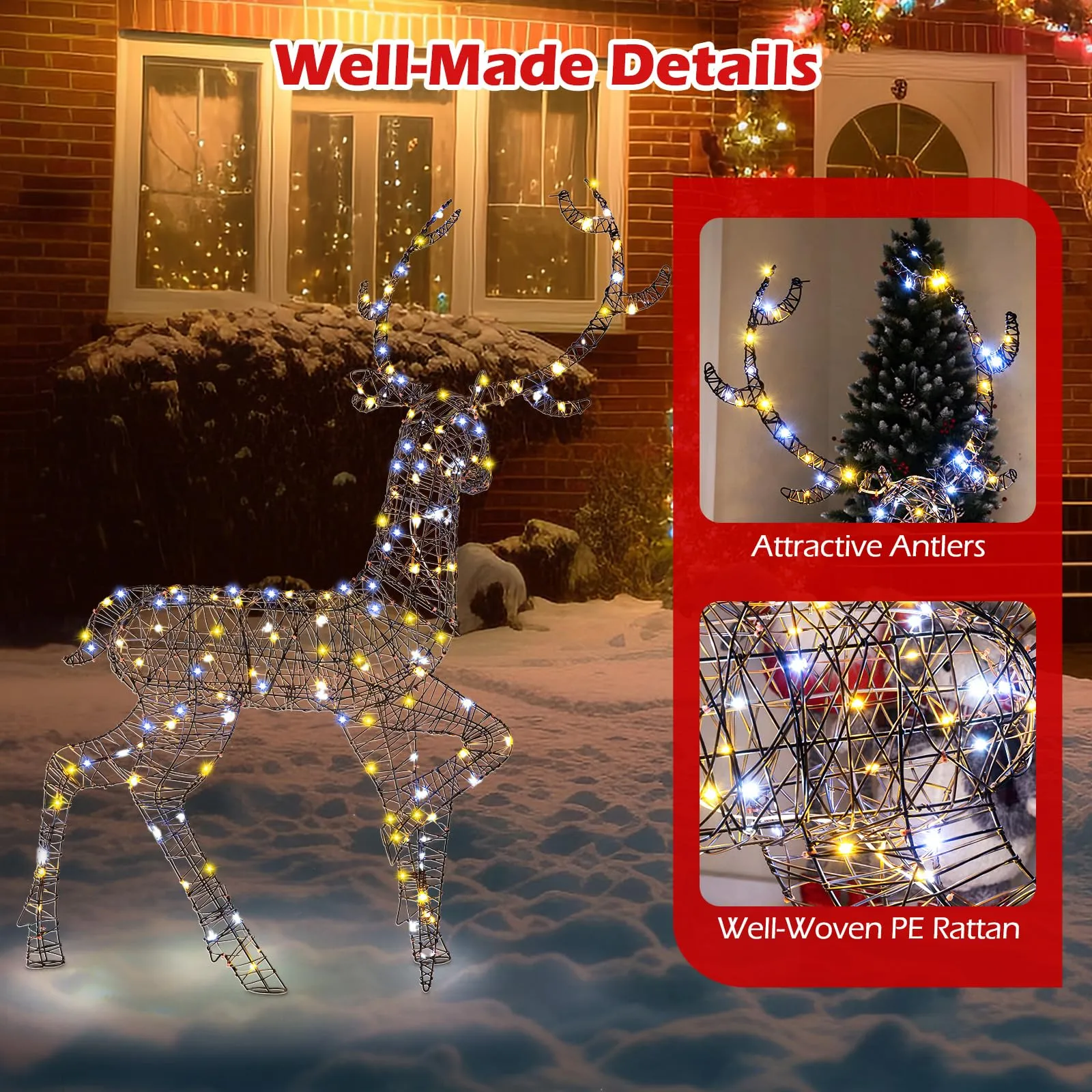 Tangkula 4.6 FT Christmas 3D Lighted Reindeer, Pre-Lit Rattan Buck with Large Antlers & 170 LED Lights