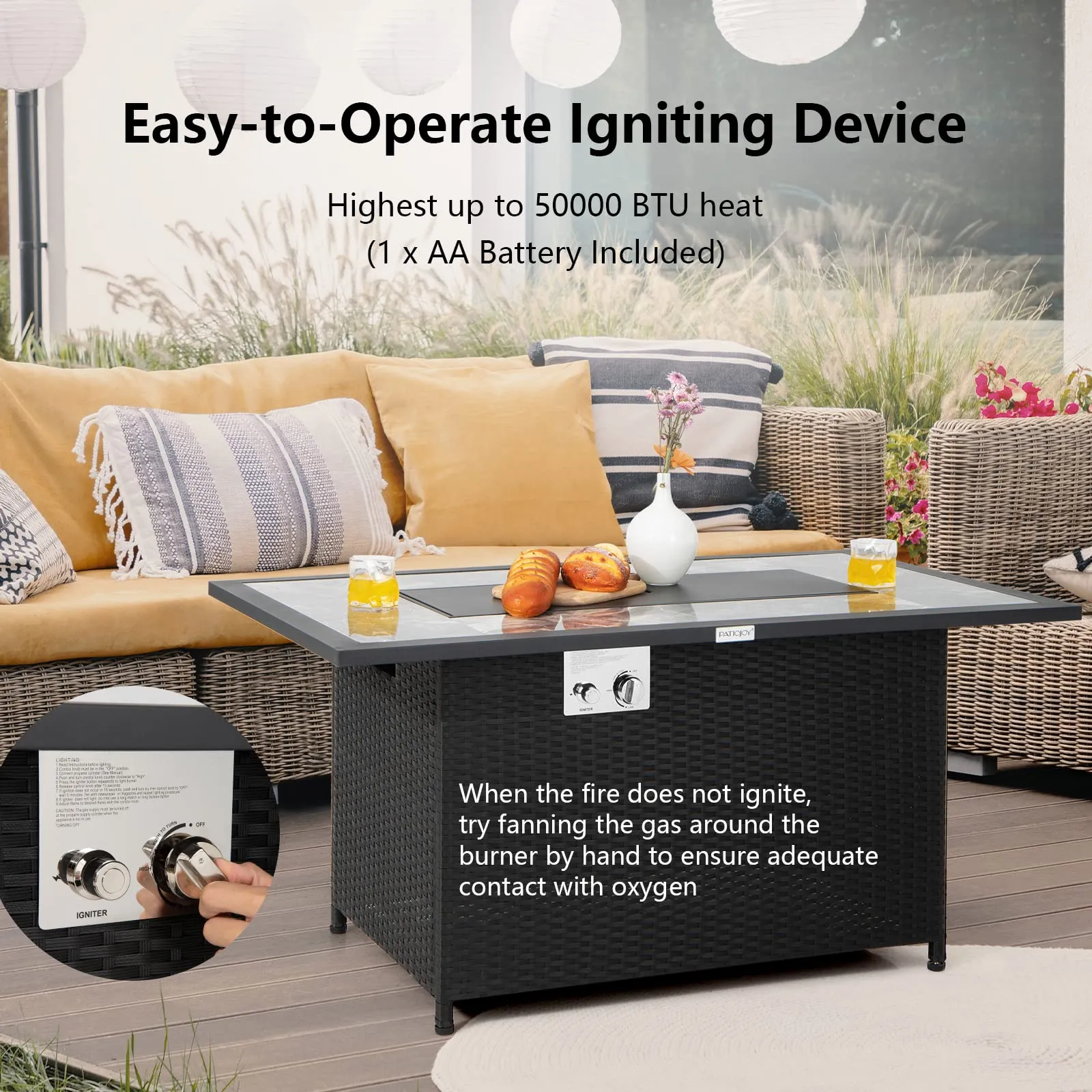 Tangkula 52 Inches Wicker Patio Propane Fire Pit Table, Patiojoy 50,000 BTU