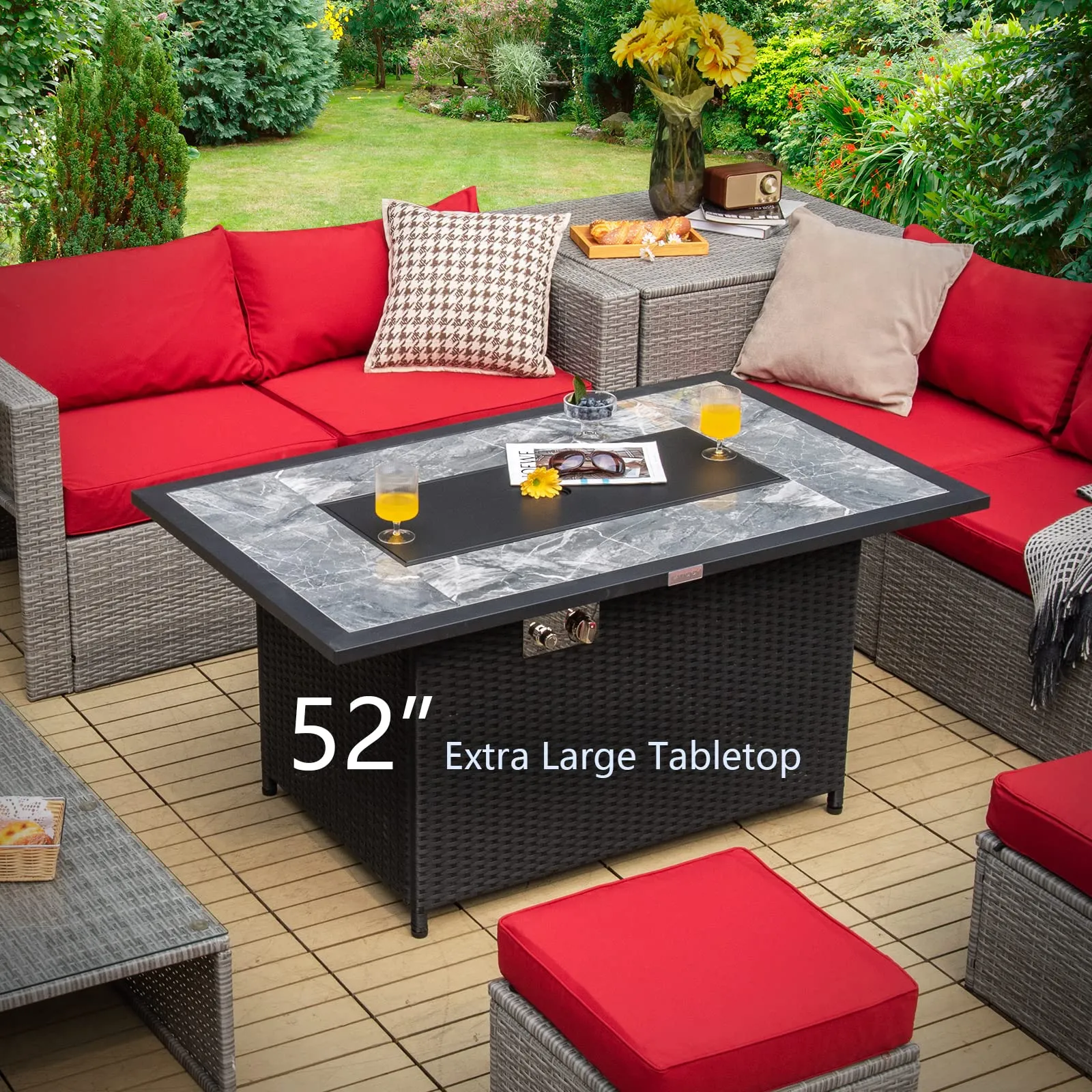 Tangkula 52 Inches Wicker Patio Propane Fire Pit Table, Patiojoy 50,000 BTU