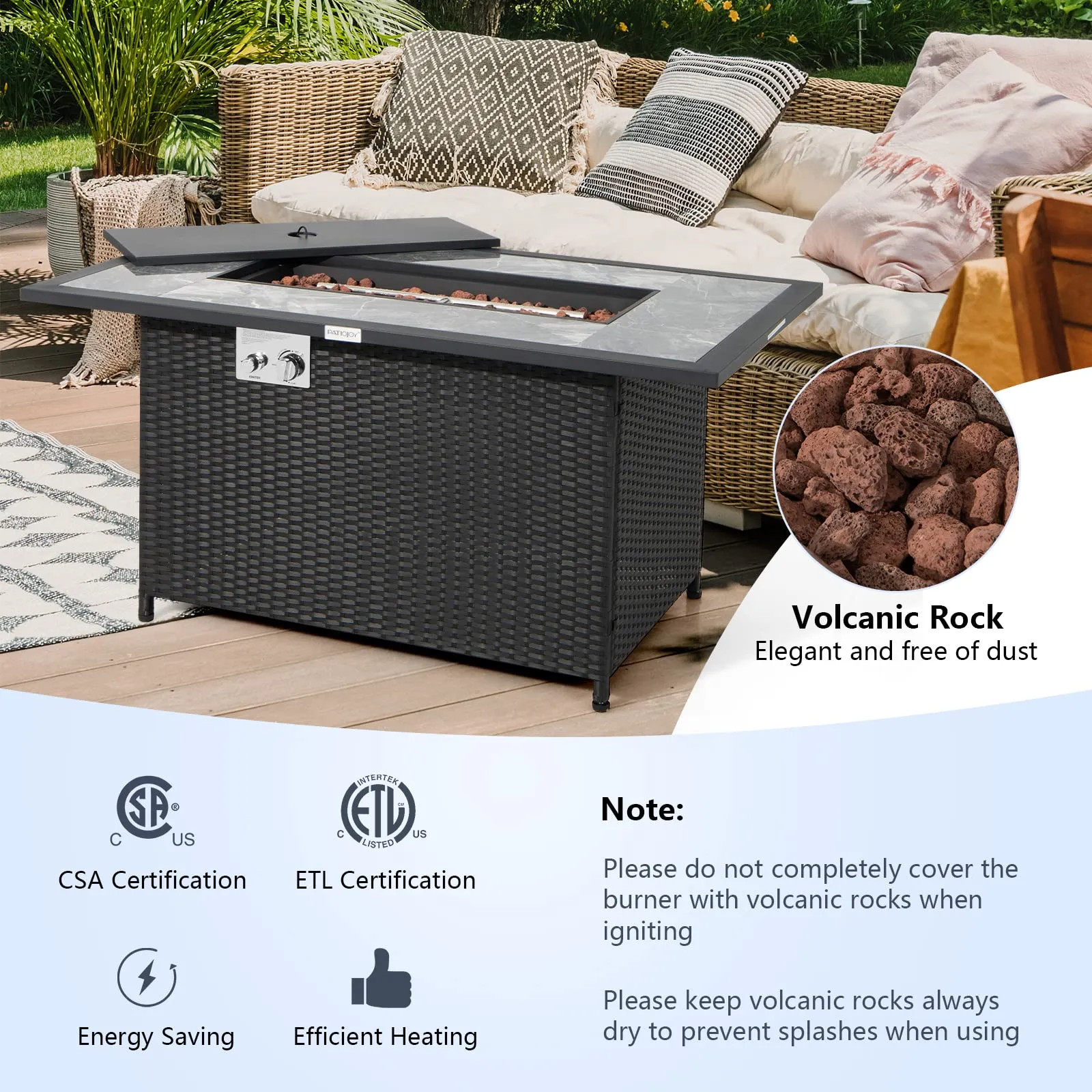 Tangkula 52 Inches Wicker Patio Propane Fire Pit Table, Patiojoy 50,000 BTU