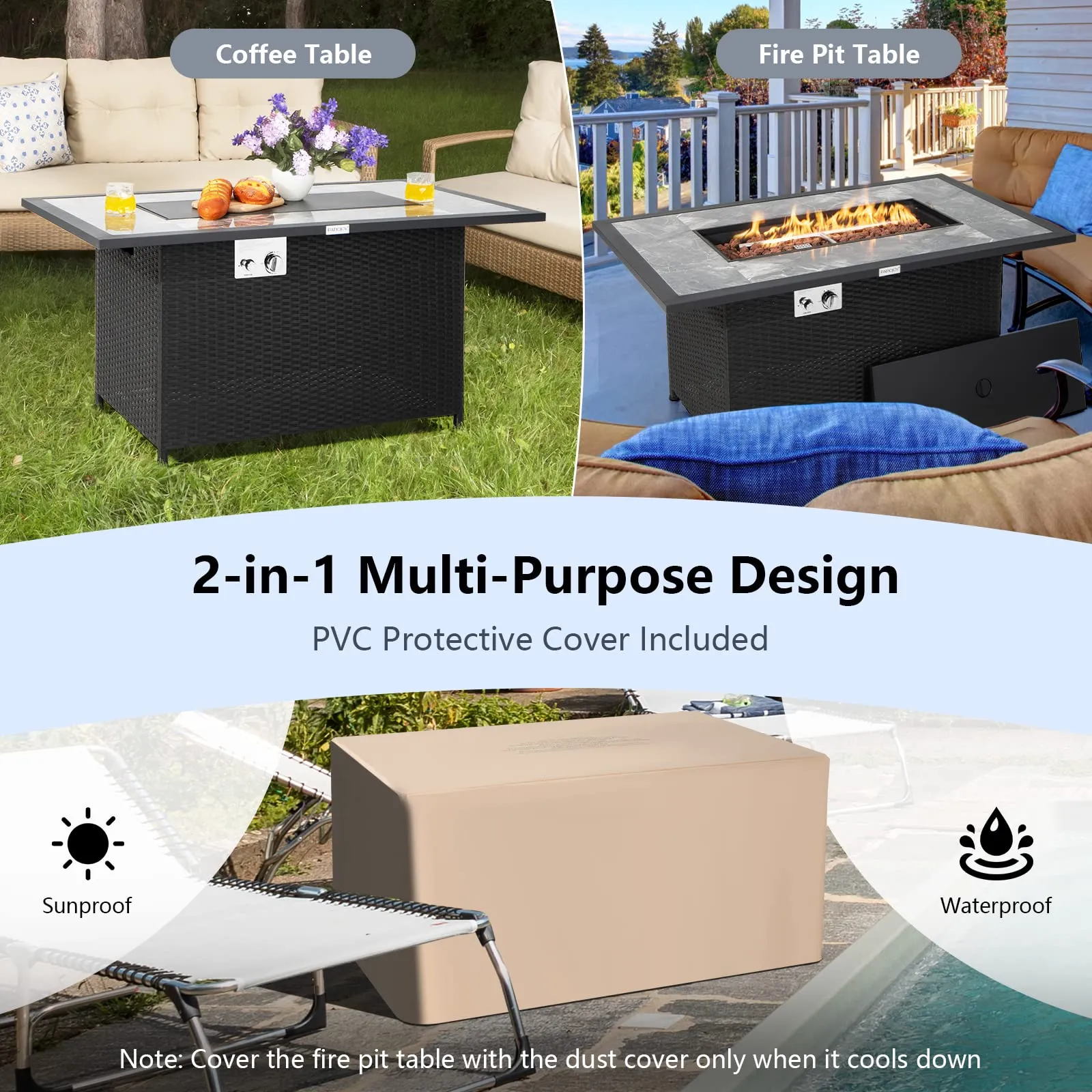 Tangkula 52 Inches Wicker Patio Propane Fire Pit Table, Patiojoy 50,000 BTU
