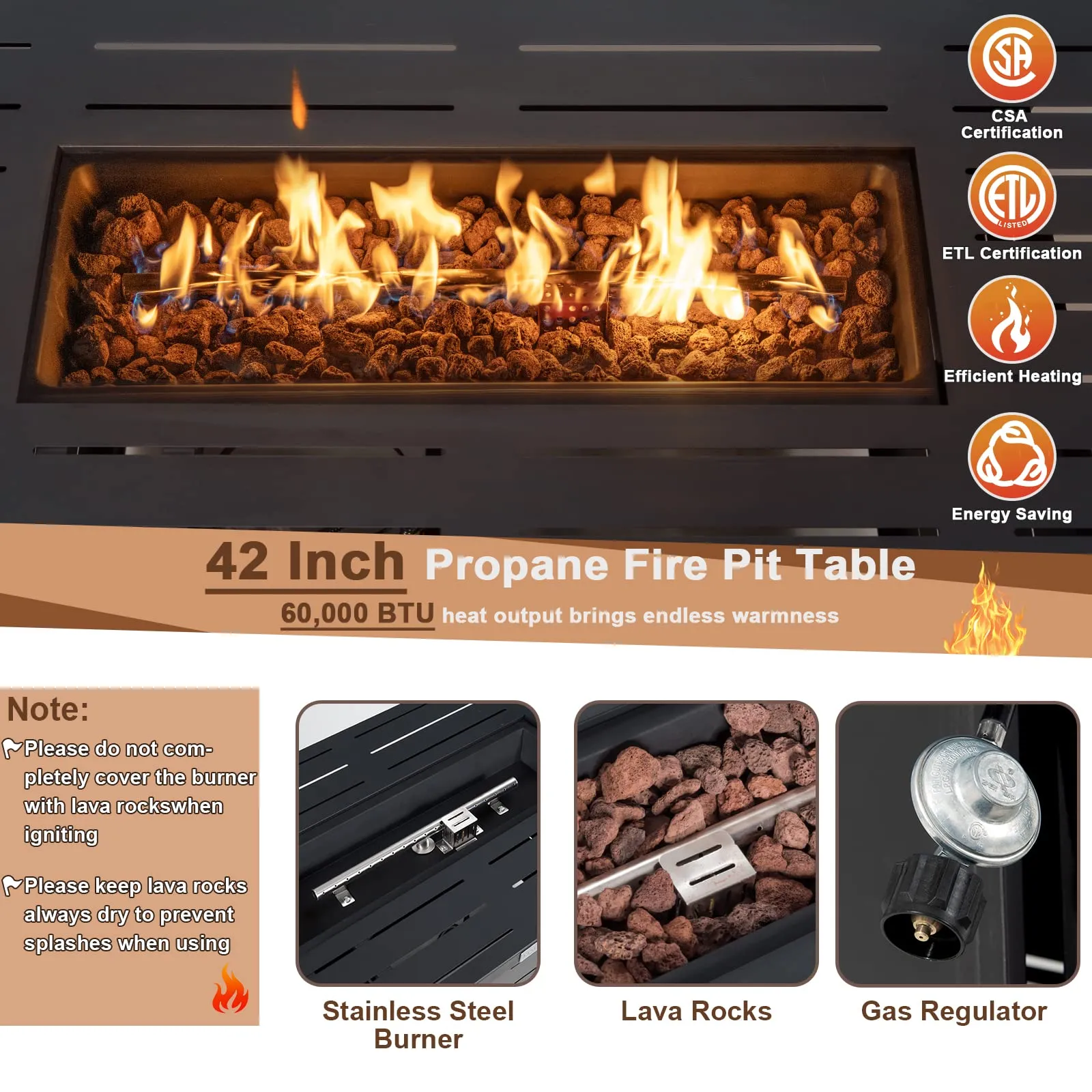 Tangkula Outdoor 60,000 BTU Fire Pit Table, Patiojoy 42 Inch Rectangular Propane Gas Fire Table with Solid Steel Frame, Electric Ignition