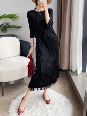 Three Quarter Sleeves Pleated Tassel Dress
