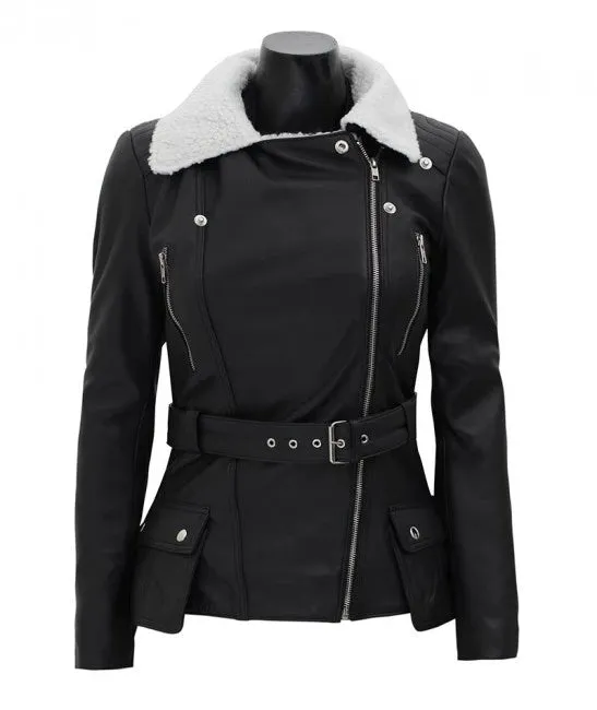 Verona Black Faux Fur Leather Jacket with Asymmetrical White Sherpa