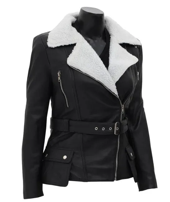 Verona Black Faux Fur Leather Jacket with Asymmetrical White Sherpa