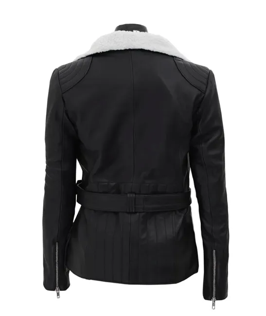 Verona Black Faux Fur Leather Jacket with Asymmetrical White Sherpa