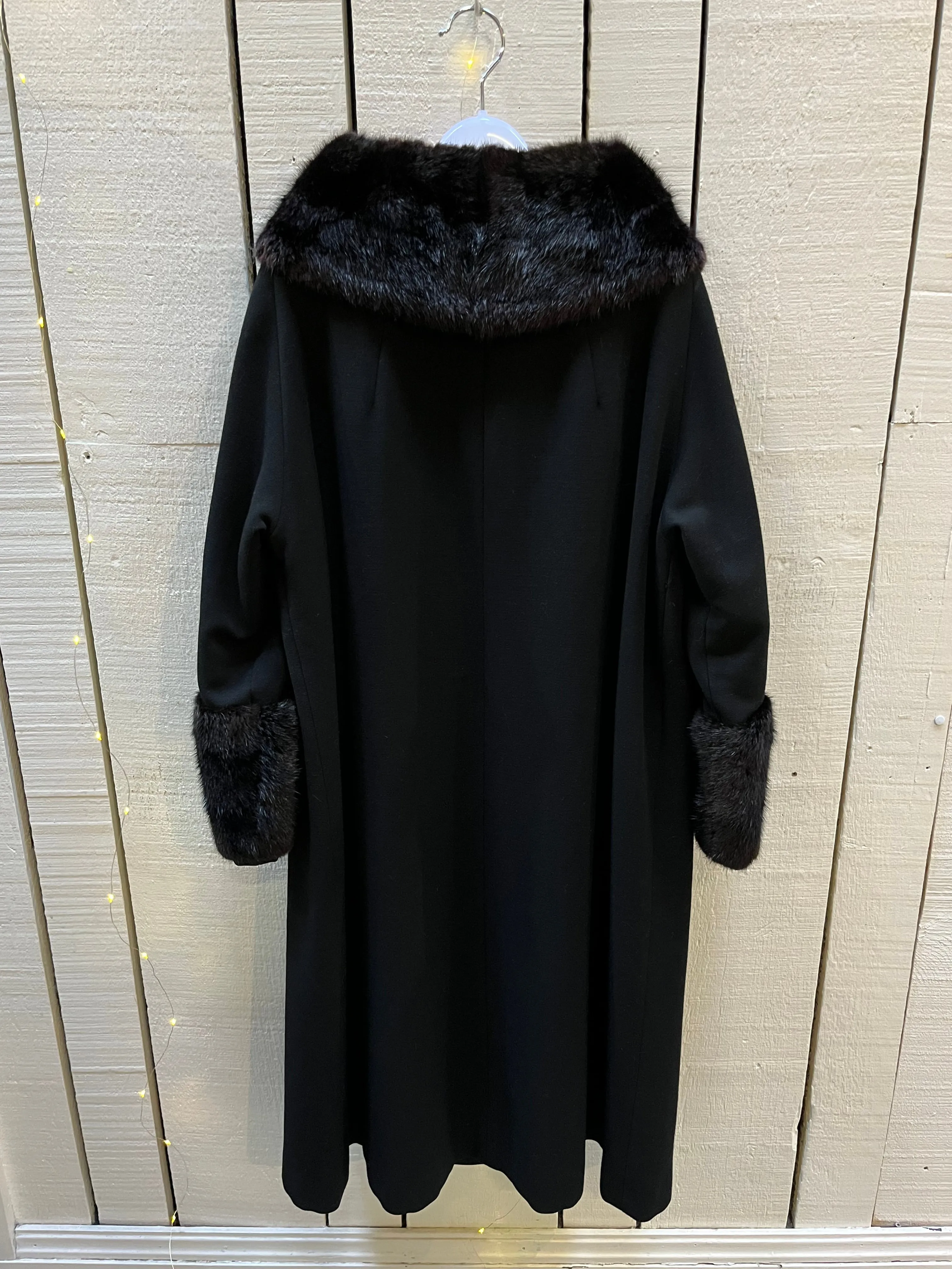 Vintage 1940’s Black Wool Coat with Dark Brown Fur Trim, Chest 44” SOLD