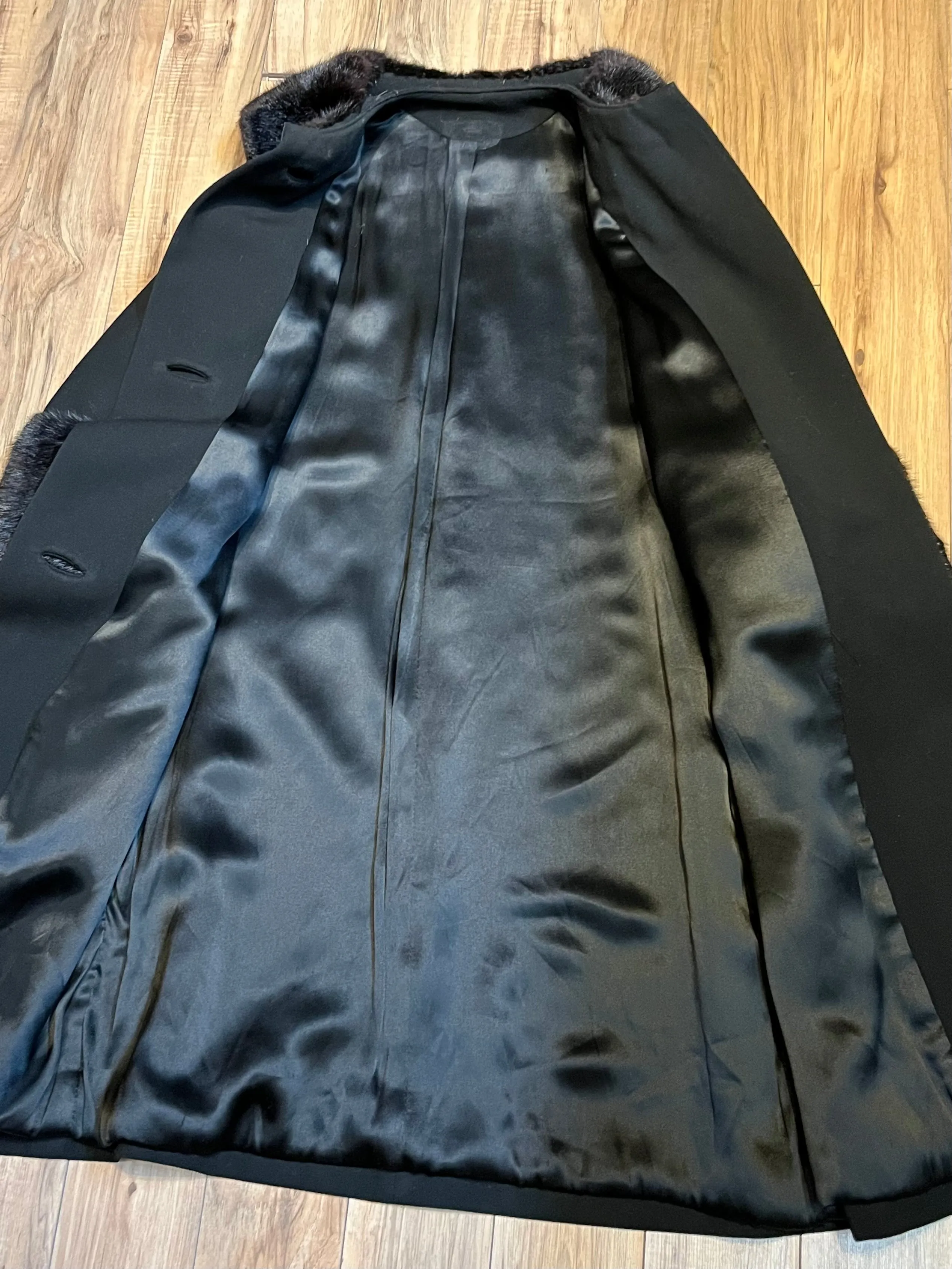 Vintage 1940’s Black Wool Coat with Dark Brown Fur Trim, Chest 44” SOLD