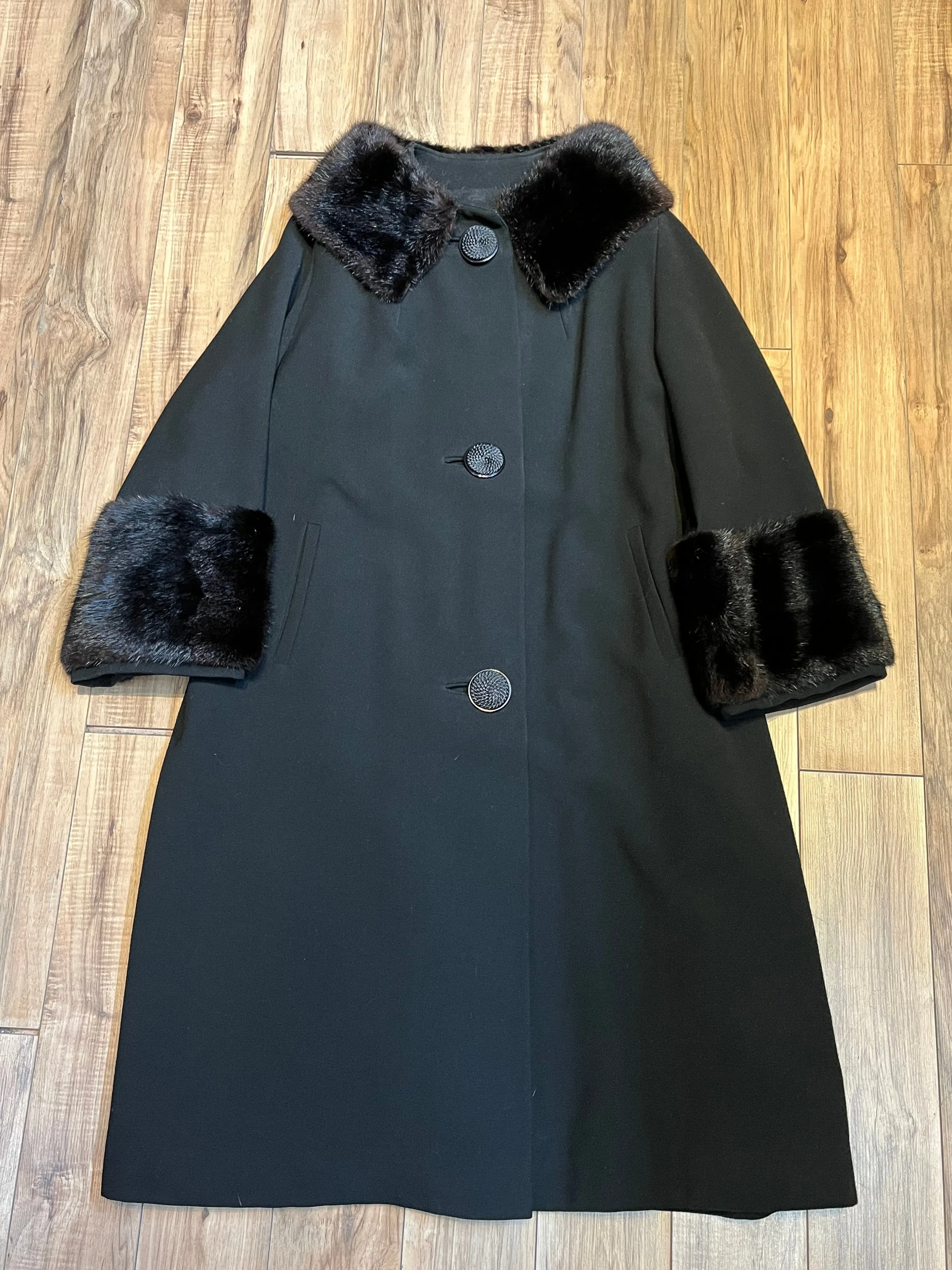 Vintage 1940’s Black Wool Coat with Dark Brown Fur Trim, Chest 44” SOLD