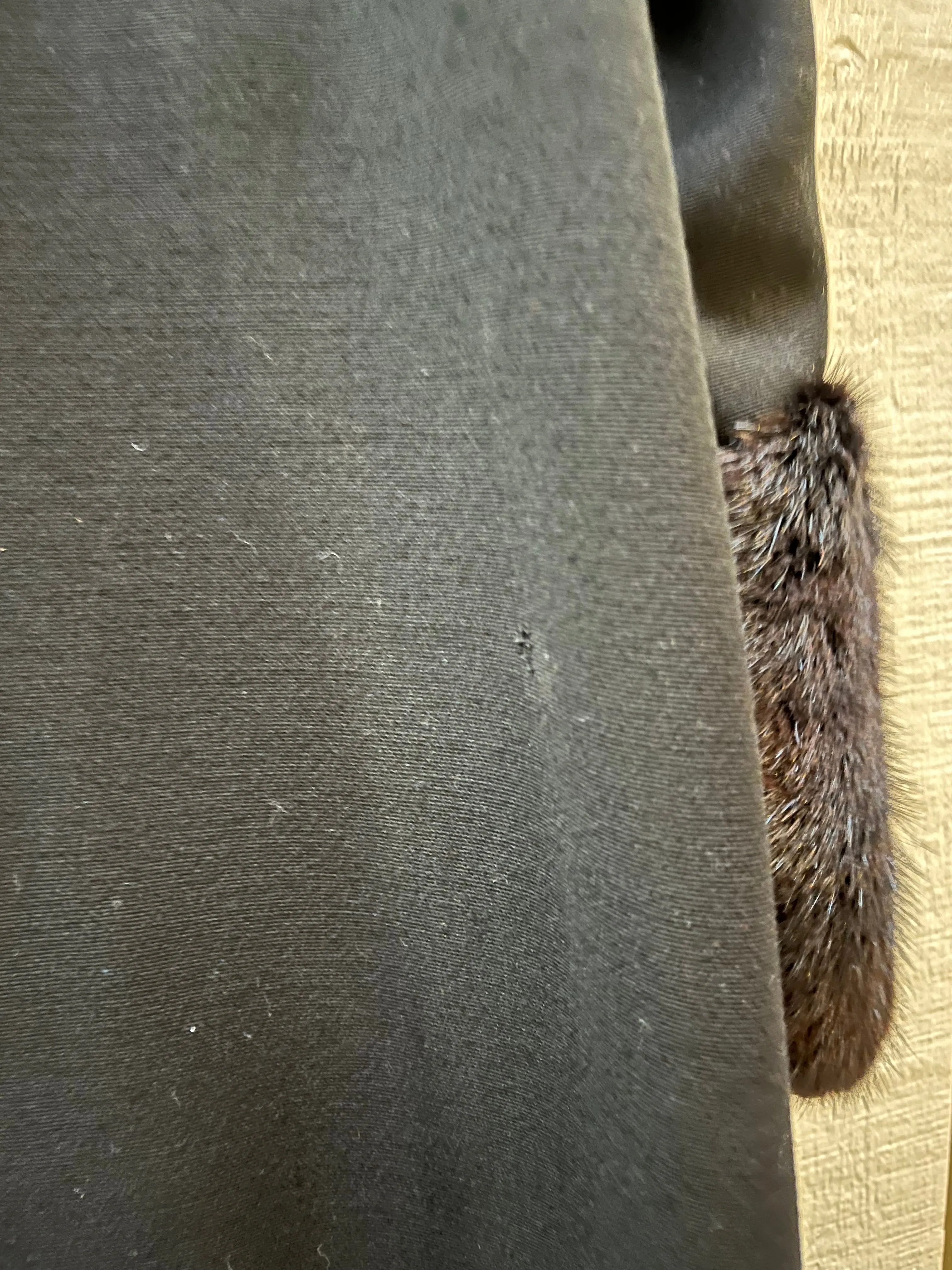 Vintage 1940’s Black Wool Coat with Dark Brown Fur Trim, Chest 44” SOLD