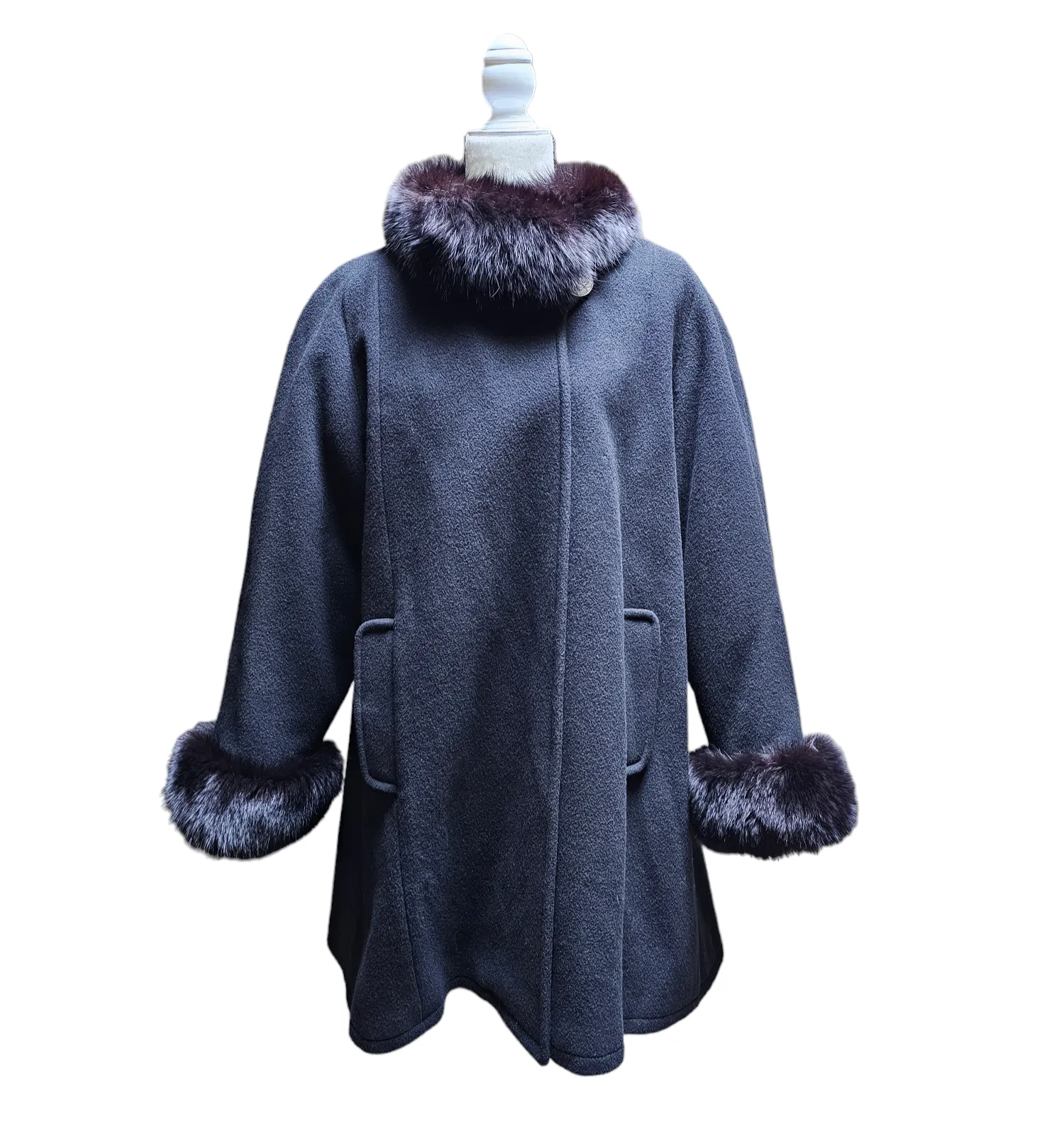 Vintage Nina Ricci Only at Bloomingdale's Cashmere Wool Swing Coat Fur Trim L/XL
