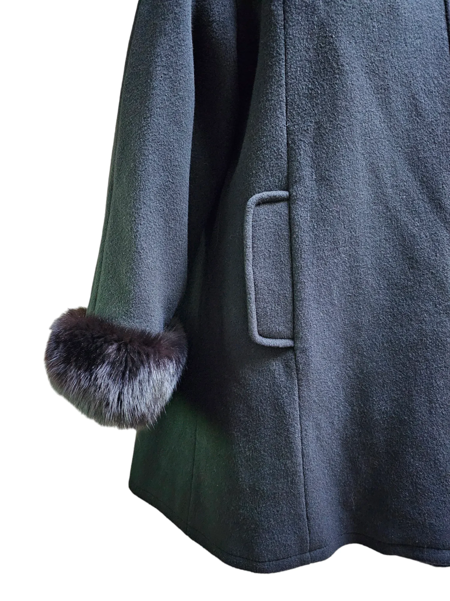 Vintage Nina Ricci Only at Bloomingdale's Cashmere Wool Swing Coat Fur Trim L/XL