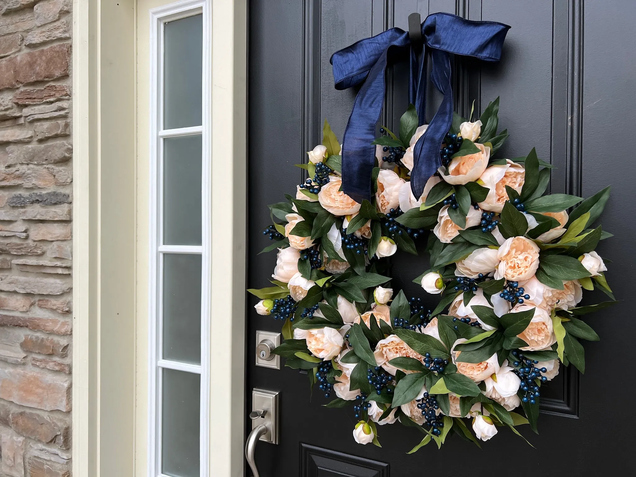 Winter Cream Peony Wreath with Blue Berries