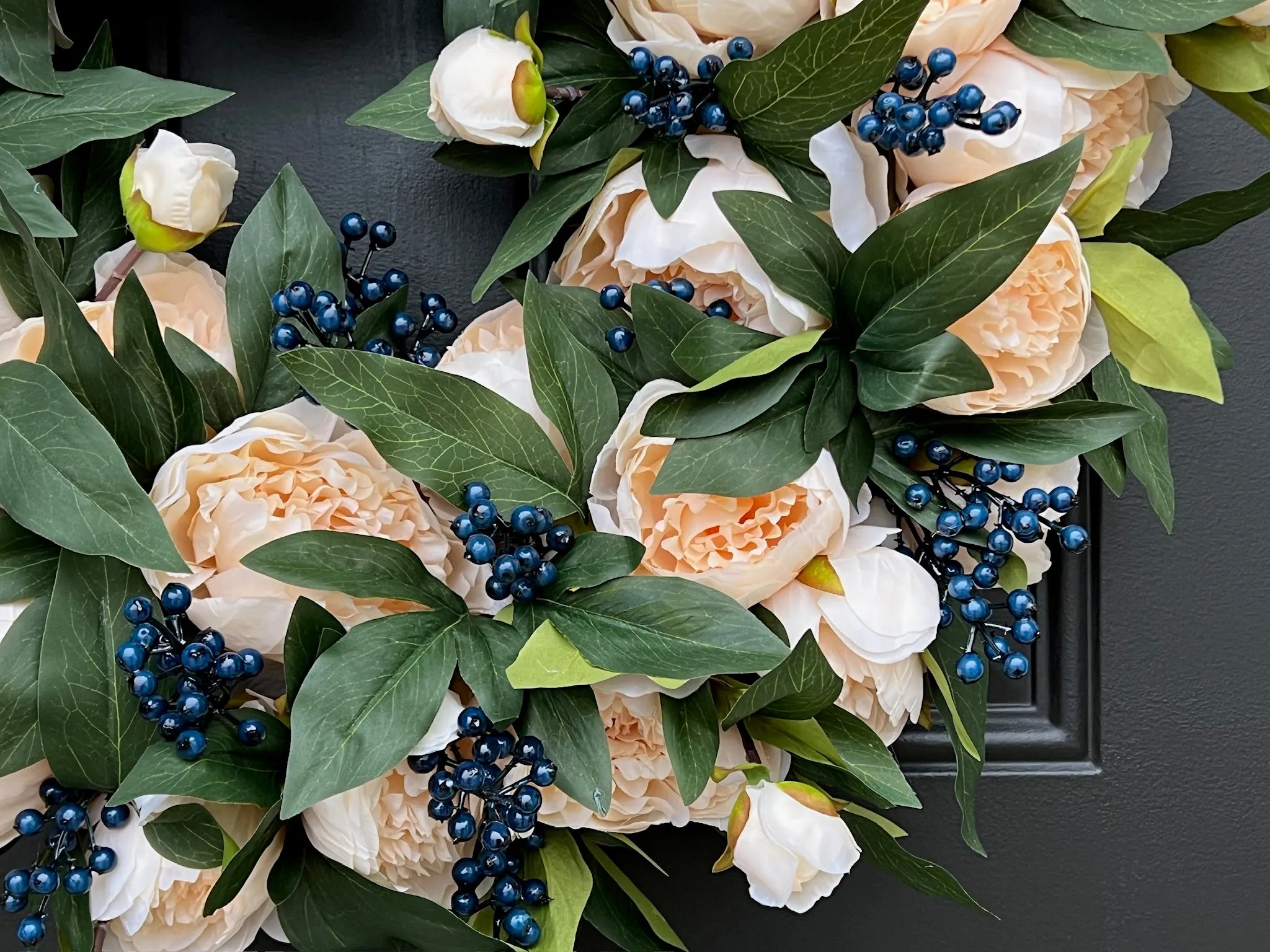 Winter Cream Peony Wreath with Blue Berries